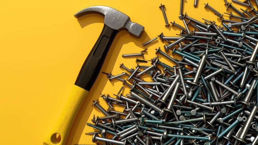 Hammer and nails over yellow background.