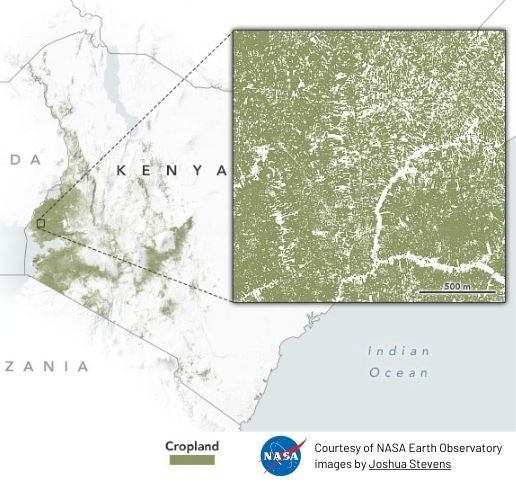 Kenya crops view from NASA Earth Observatory images by Joshua Stevens, using data from the Level-1 and Atmosphere Archive & Distribution System (LAADS)