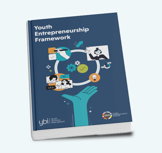 Cover of the policy framework document with dark blue background a green hand and 2-D illustrations representing youth entrepreneurship.