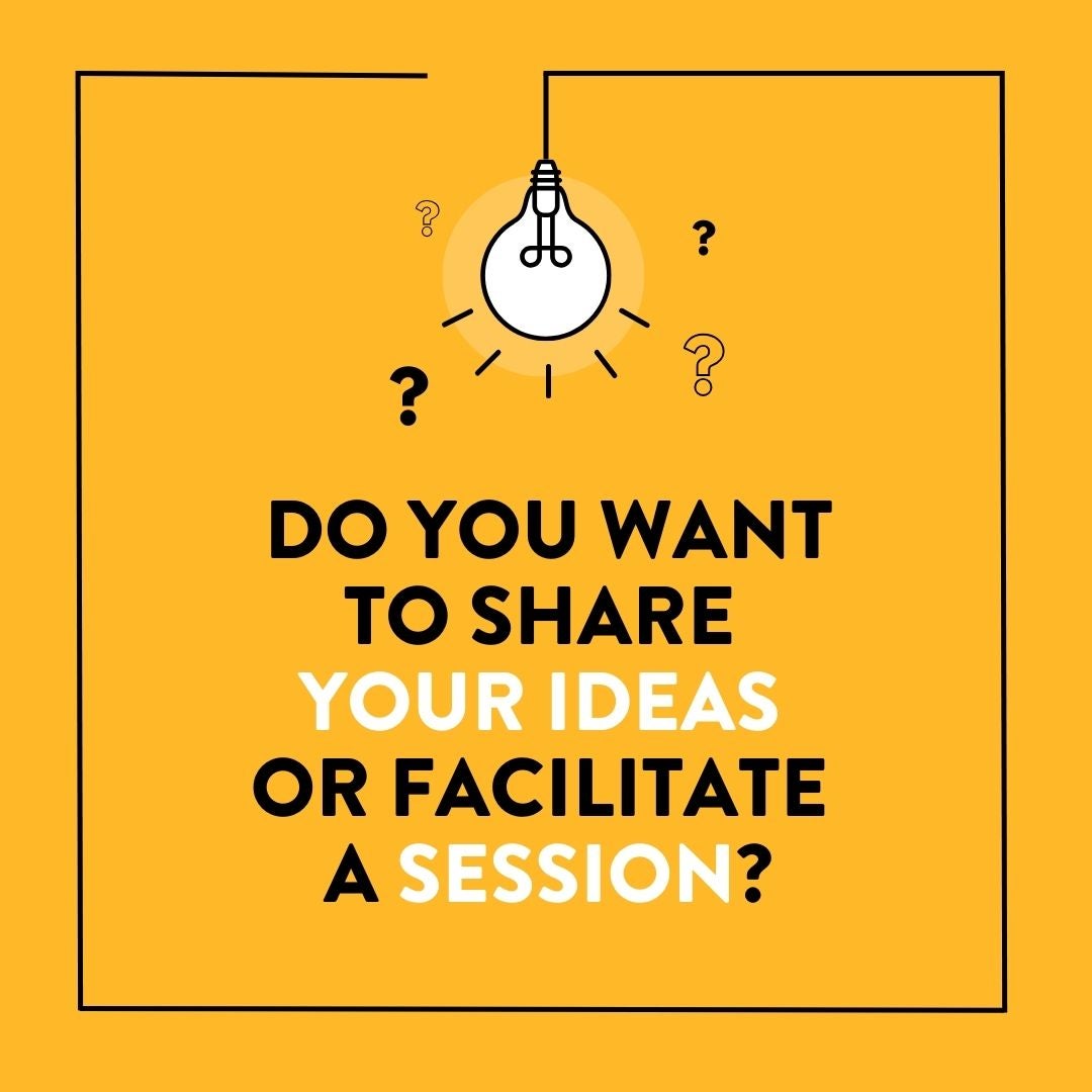 Do you want to share  your ideas or facilitate  a session? Light bulb drawing over yellow background.