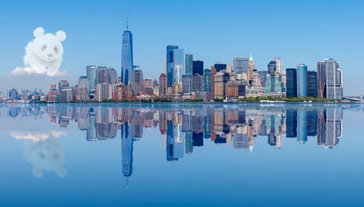 NYC reflection over Hudson River and Panda cloud.