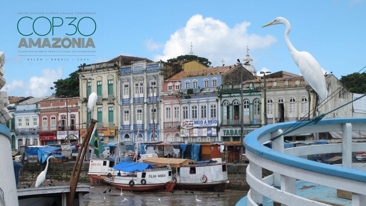 Image of marina at Belem, Para, Brazil. Town shops, fisher ships and white heron. By XaviFerrando from Getty Images.
