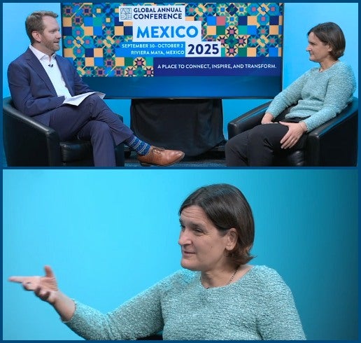 Esther Duflo And Devin Chesney during interview for the Annual Conference in Mexico, Cancun