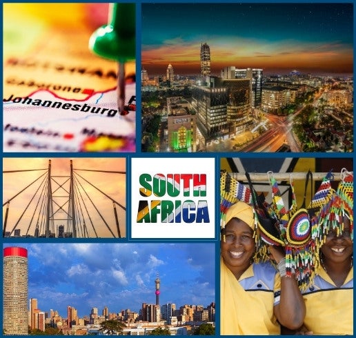 Collage of South Africa and Johannesburg: a map pin marking Johannesburg, nighttime city skyline, a cable-stayed bridge, bold “South Africa” text, two smiling women in colorful beaded attire, and a daytime skyline with the Hillbrow Tower.