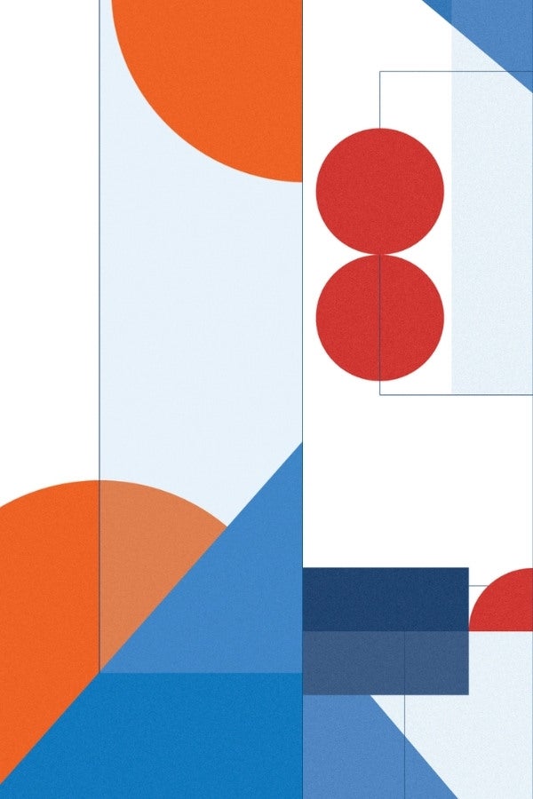 Geometric patterns in the style of Bauhaus on tones of blue pink, orange, grey and red.