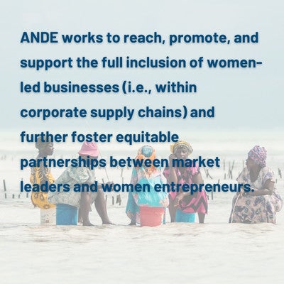 Square image with women sitting over water on a sea farm and the text: ANDE works to reach, promote, and support the full inclusion of women-led businesses (i.e., within corporate supply chains) and further foster equitable partnerships between market leaders and women entrepreneurs.