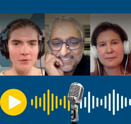 Headshot of Pratap Raju, Founder of Climate Collective, flanked by the podcast hostesses Isabelle and Laura, over a blue background and an icon representing a podcast mic.