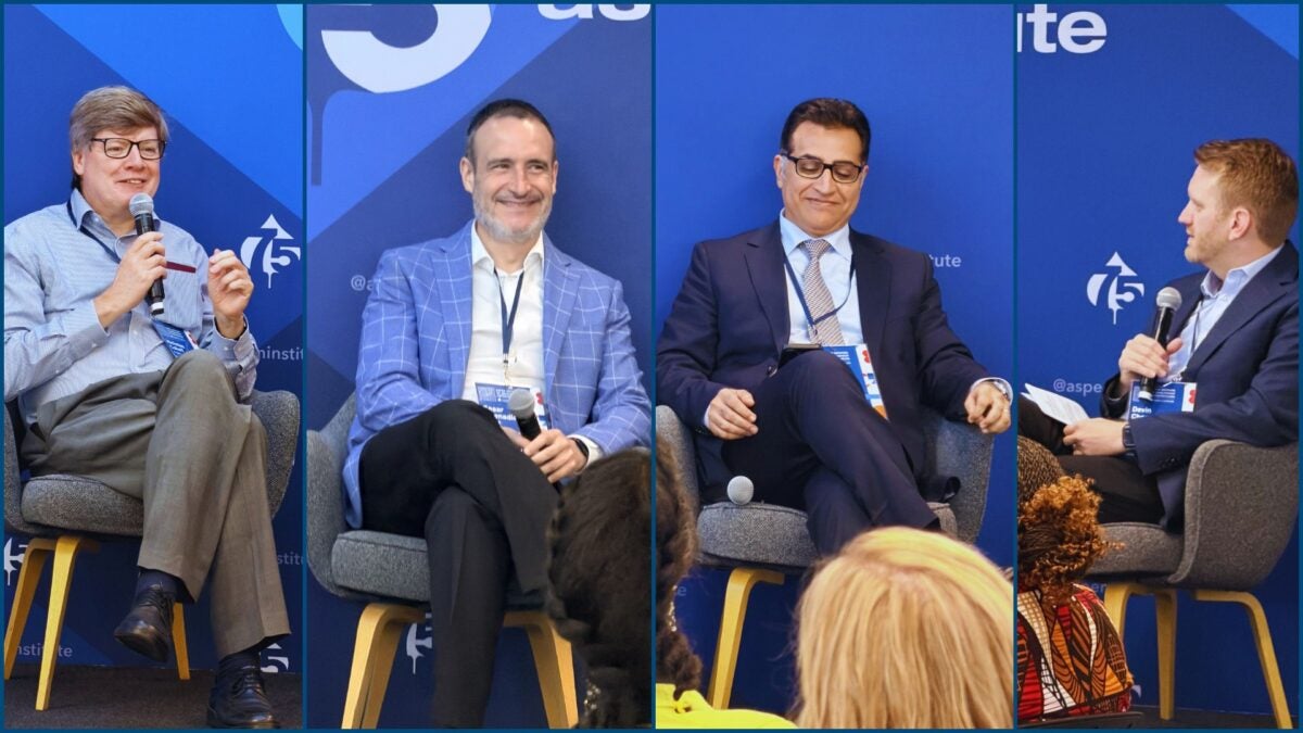 Four vertical panels featuring César Buenadicha of IDB Lab, Nicholas Colloff of the Argidius Foundation, Qamar Saleem of the SME Finance Forum, and Devin Chesney, ANDE's Executive Director.