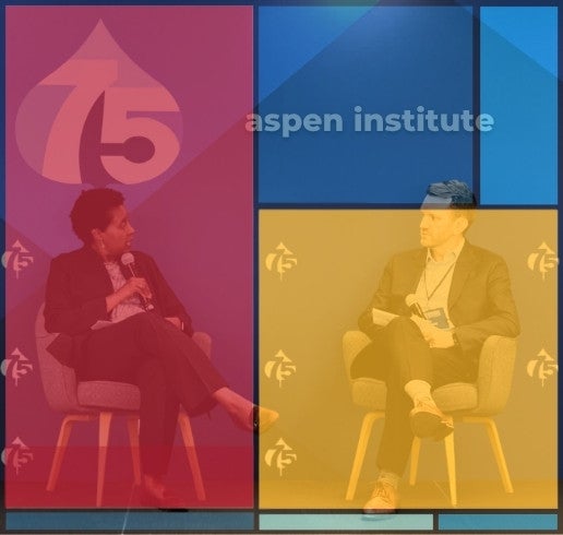 Marla Blow, Skoll Foundation and Devin Chesney of ANDE sitting during their conversation on stage with a blue background with the 75 year aniversary logo of the Aspen Institute. They are covered by multicolor sreen emulating a Mondrian painting.