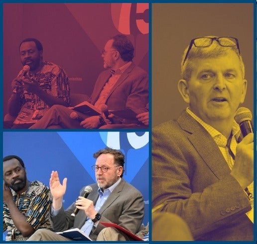 Mosaique of three pictures featuring James Mazzarella, Senior Director of the Freedom and Prosperity Center at the Atlantic Council; William Warshauer, President and CEO of TechnoServe; and Joram Mwinamo, CEO of SNDBX | The Village Formula.