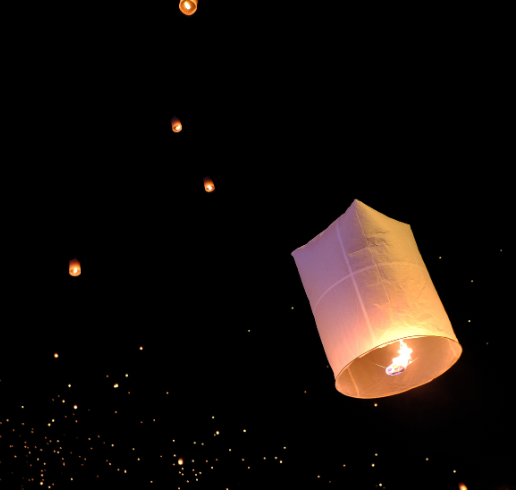 Asian flying lanterns over a night sky. Picture by Thanaphol Intaja from Getty Images